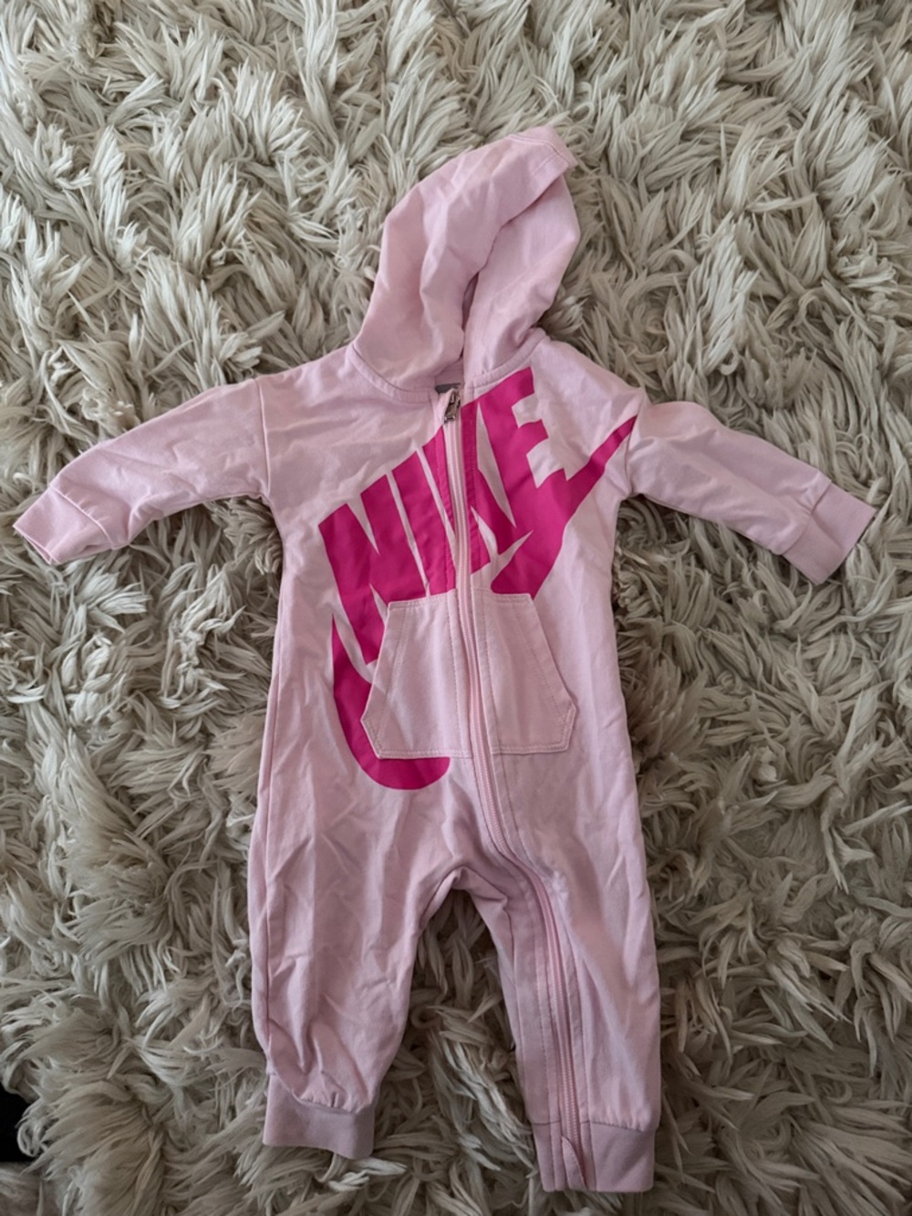 Nike Baby Hooded One-Piece in Light Pink with Hot Pink Logo
